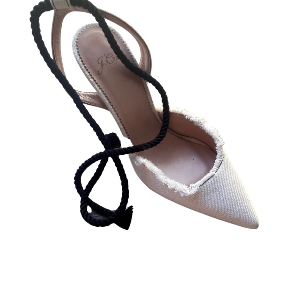 J.Crew Elsie Linen Pointy Toe Pumps Ivory with Black Lace Up straps size 7